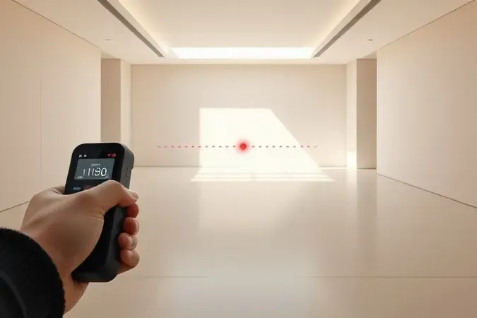 Render 3D conceitual mostrando o funcionamento de uma trena a laser com feixe de luz preciso medindo distância em ambiente interno.