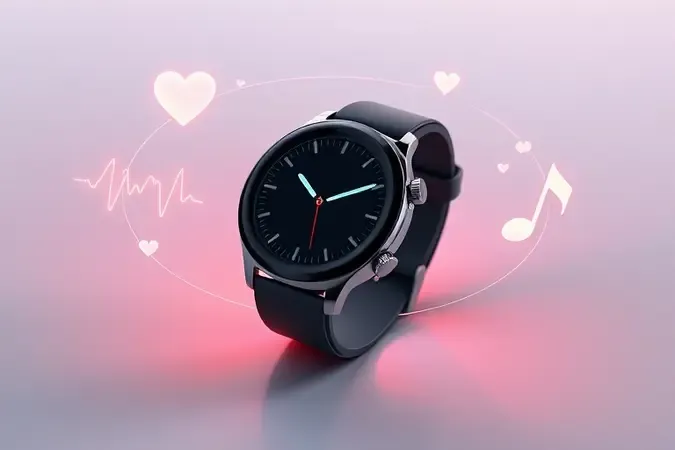 Conceito 3D de smartwatch com ícones abstratos orbitando representando funções como saúde, navegação, notificações e música.
