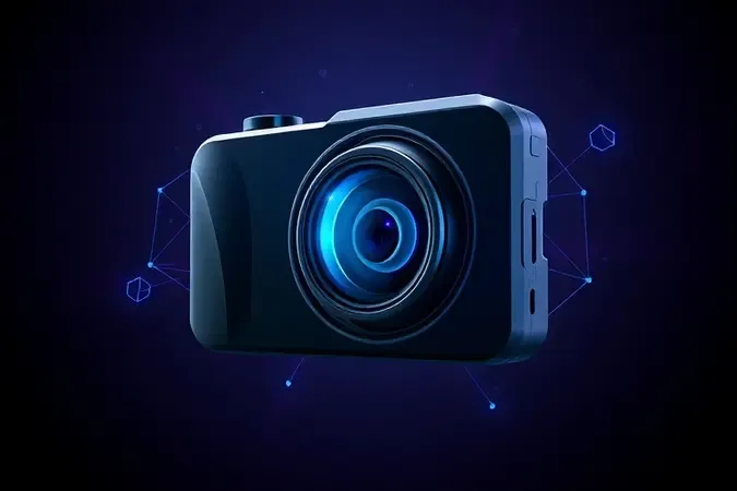 Render 3D futurista de câmera de ação sem marca com interface holográfica e partículas luminosas, representando inovação tecnológica.
