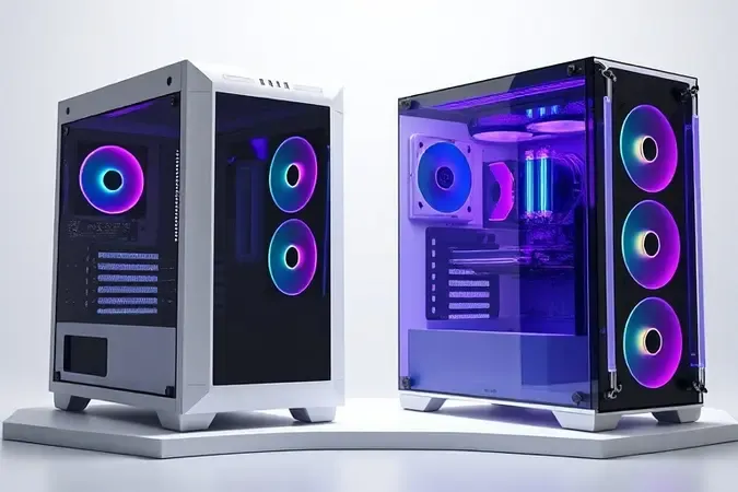 Render 3D comparando gabinete tradicional e gabinete aquário moderno com painéis de vidro temperado envolvendo o interior.