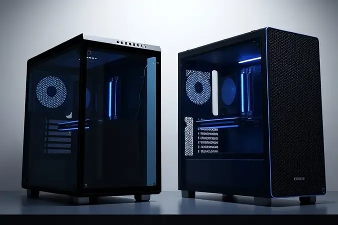 Comparação entre gabinete gamer estilo aquário com vidro panorâmico e gabinete tradicional com frontal mesh para airflow