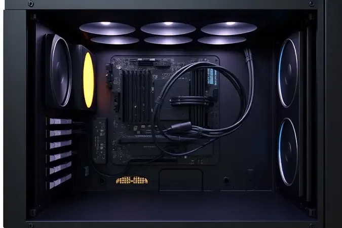 Interior de gabinete gamer com gerenciamento de cabos impecável mostrando organização e roteamento limpo dos fios