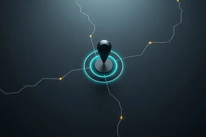 Renderização conceitual de GPS integrado e rastreamento veicular com mapa abstrato e pin de localização flutuante