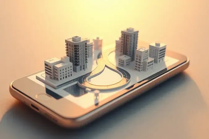 Renderização 3D conceitual de gráficos realistas de navegação GPS com paisagem urbana emergindo de smartphone