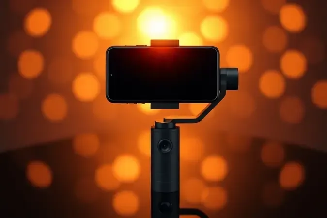 Renderização 3D de smartphone em estabilizador gimbal com iluminação cinematográfica dourada e efeito bokeh de estúdio profissional.