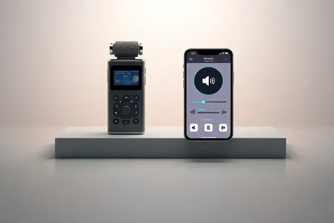 Comparação conceitual 3D entre gravador de áudio dedicado e smartphone para gravação de voz.