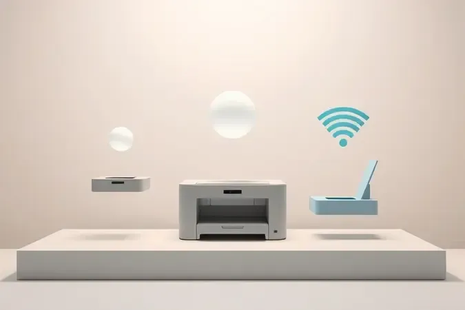 Composição 3D conceitual com elementos abstratos representando critérios para escolha de impressora portátil.