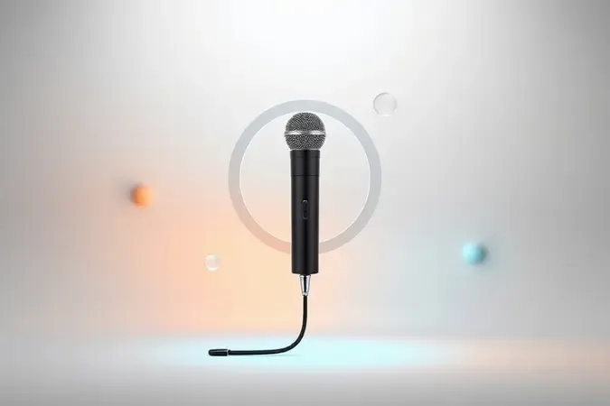 Microfone de lapela genérico com formas geométricas abstratas flutuantes representando características a considerar antes da compra.