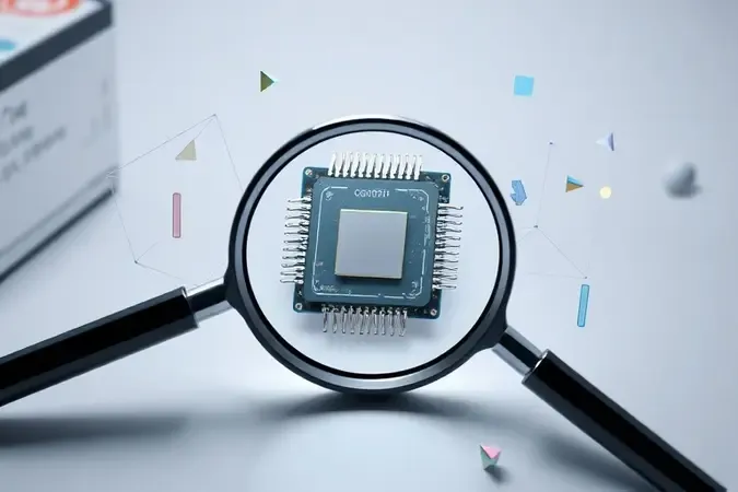 Renderização 3D de lupa examinando chip de processador com elementos abstratos representando guia de especificações técnicas.