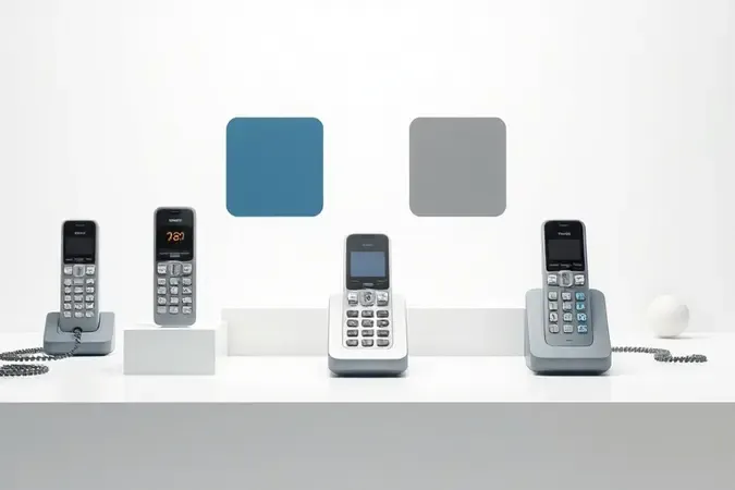 Conceito 3D representando escolha e comparação de telefones sem fio com formas geométricas abstratas em composição limpa e sofisticada.
