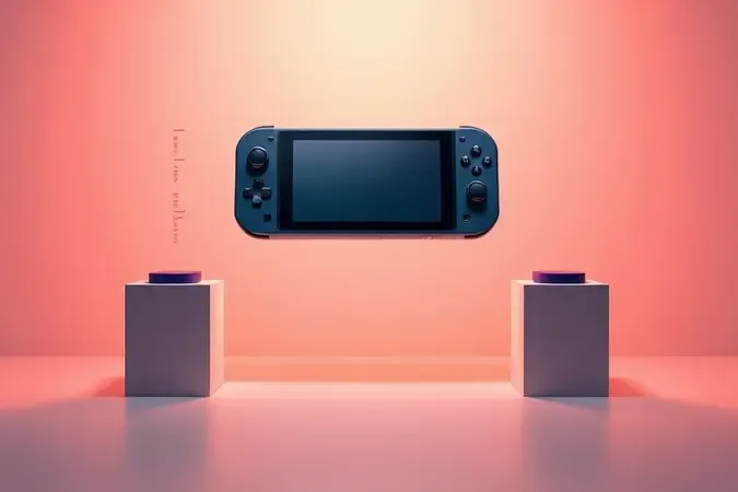 Conceito visual de guia de compra com console portátil central e elementos abstratos representando critérios de escolha.
