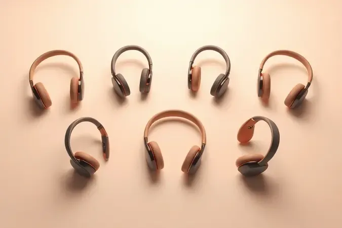 Composição conceitual 3D com diferentes silhuetas de fones de condução óssea destacando critérios de escolha como ergonomia e design.