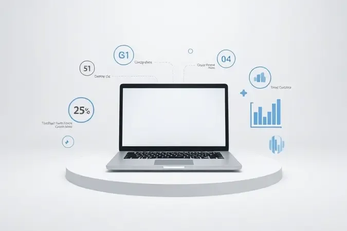 Composição 3D de notebook com indicadores abstratos flutuantes representando especificações técnicas e critérios de escolha.