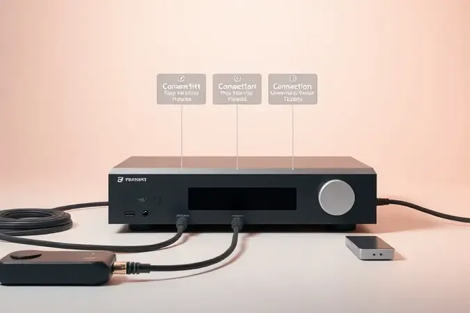 Cena conceitual de instalação de DVR com unidade geométrica, conexões abstratas e indicadores sequenciais flutuantes representando etapas de configuração.