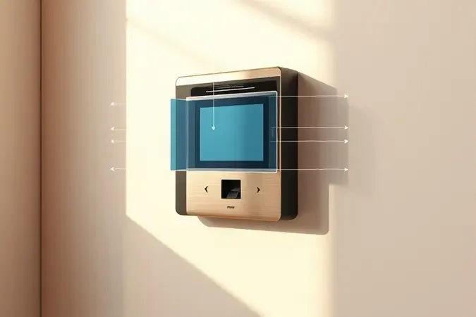 Renderização 3D conceitual de instalação de leitor biométrico em parede com vista explodida e guias de alinhamento minimalistas.