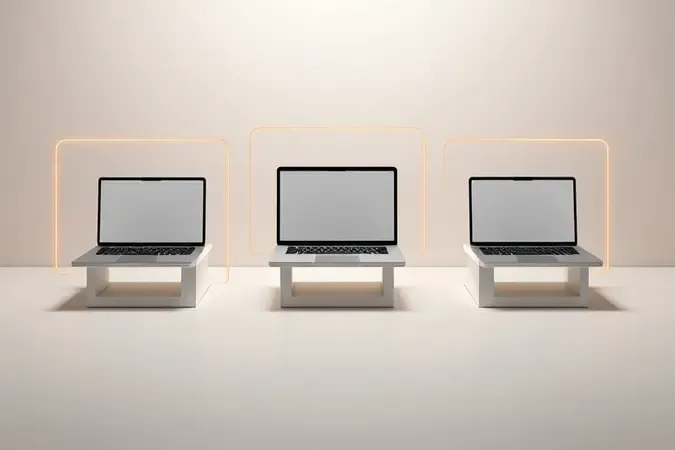 Comparação visual 3D de notebooks de tamanhos diferentes em suportes proporcionais demonstrando compatibilidade de tamanhos.