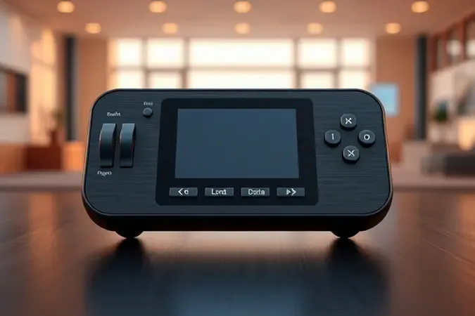 Renderização 3D conceitual de dispositivo de controle adaptável com fundo abstrato sugerindo versatilidade entre diferentes ambientes de uso.