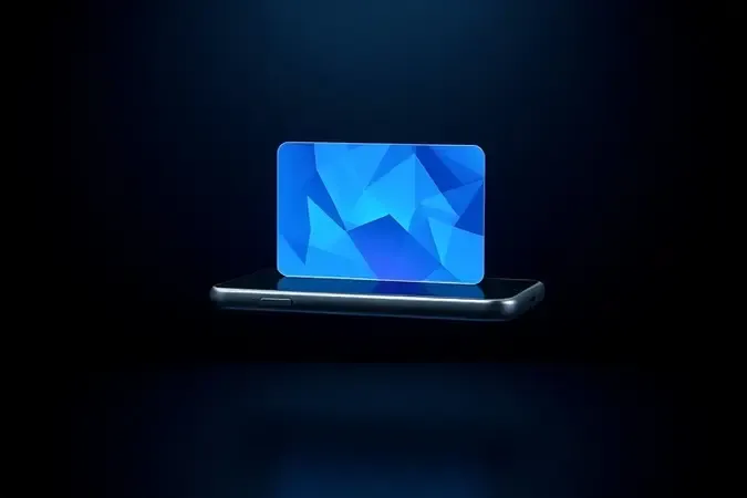 Conceito visual 3D de emulação de cartão hospedeiro HCE com smartphone exibindo camada holográfica virtual abstrata.