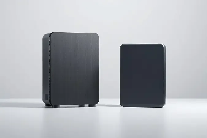 Comparação visual entre HD externo desktop maior e modelo portátil compacto em renderização 3D limpa e profissional.