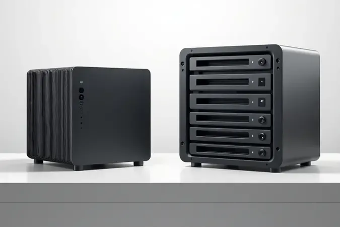 Comparação visual conceitual 3D entre um HD externo compacto individual e um sistema NAS com múltiplos compartimentos modulares.