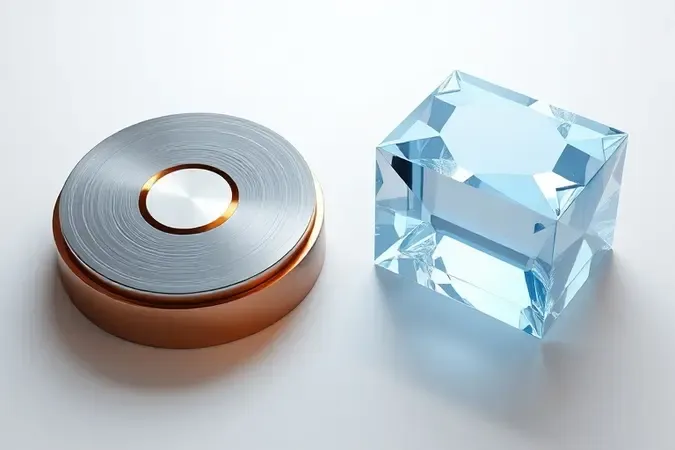 Comparação conceitual 3D entre disco mecânico com padrões circulares e bloco de estado sólido facetado, representando HDD versus SSD.