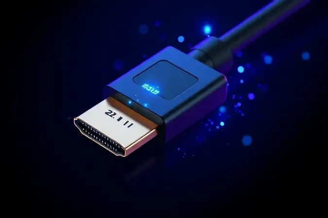 Render 3D conceitual de conexão HDMI 2.1 com fluxo de dados luminoso para jogos de nova geração.