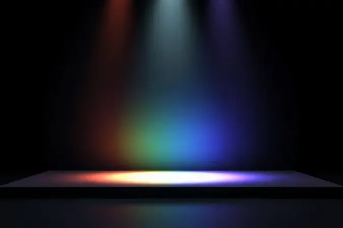 Render 3D conceitual de espectro de cores HDR com transição de alto contraste em superfície geométrica minimalista.