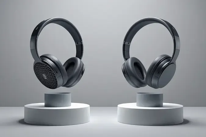 Comparação visual entre headset aberto com grade perfurada e headset fechado com conchas seladas lado a lado em render 3D