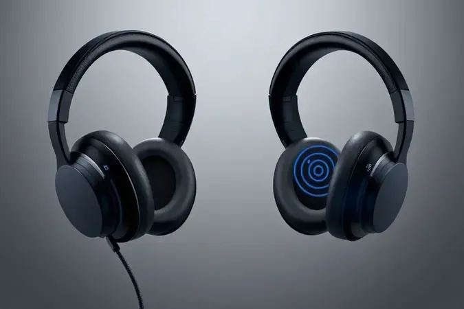 Render 3D conceitual comparando headset com fio e sem fio em composição simétrica com tons escuros e iluminação profissional.