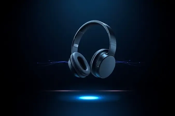 Headset wireless flutuante com ondas de sinal abstratas representando transmissão de áudio de baixa latência em render 3D