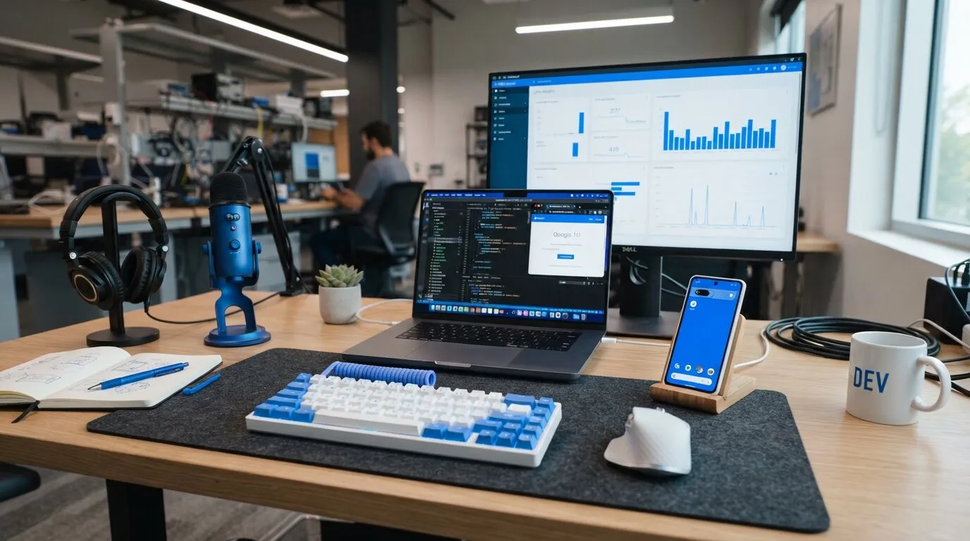 Mesa de trabalho com gadgets de tecnologia