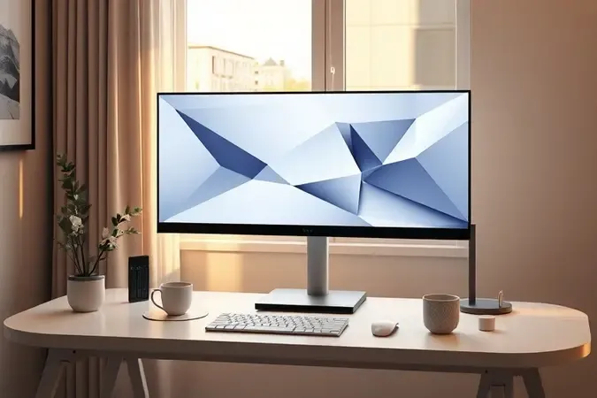 Espaço de trabalho moderno com monitor ultrawide exibindo painéis geométricos abstratos em renderização 3D conceitual.