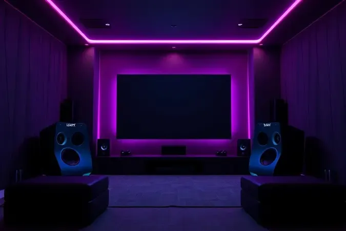 Conceito 3D de home theater otimizado para games com elementos geométricos e iluminação dinâmica.