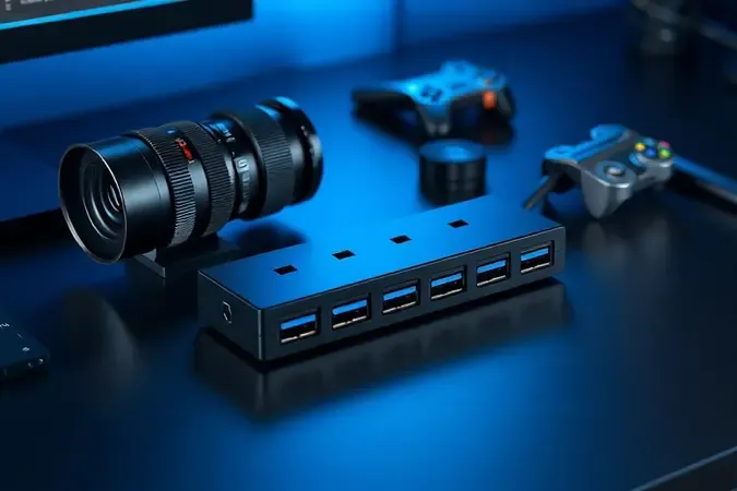 Hub USB robusto de alta performance em cena conceitual 3D com elementos estilizados de câmera e controle gamer.
