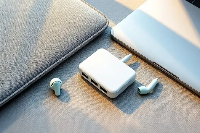 Hub USB compacto e portátil sobre superfície de tecido ao lado de sleeve de laptop e fones em render 3D minimalista.