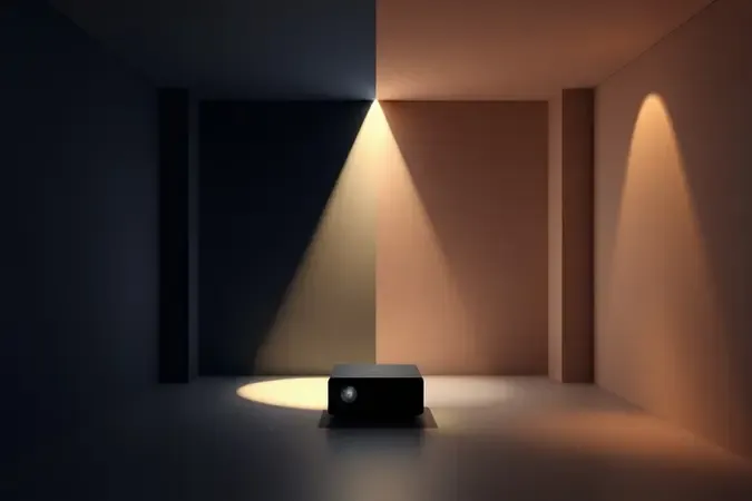 Render 3D conceitual mostrando mini projetor em cena dividida entre ambiente escuro e ambiente claro para demonstrar níveis de iluminação.