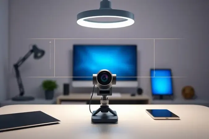 Render 3D de setup de streaming minimalista com webcam na altura dos olhos, ring light e linhas de composição abstratas.