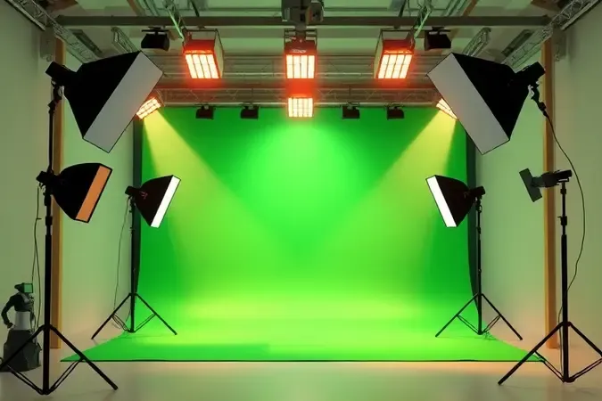 Configuração de iluminação profissional com softboxes para gravação com tela verde em estúdio 3D