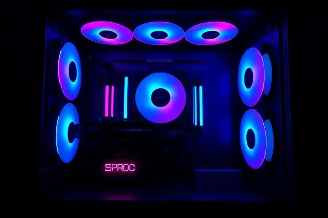 Gabinete gamer com ventoinhas RGB sincronizadas exibindo iluminação gradiente em tons de azul e roxo