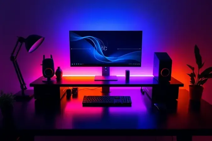 Render 3D de setup gamer com iluminação ambiente RGB sofisticada em tons de azul e âmbar para maior produtividade.