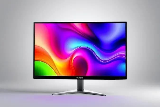 Renderização 3D de monitor IPS exibindo espectro rico de cores vibrantes com ângulo de visão amplo e iluminação suave.