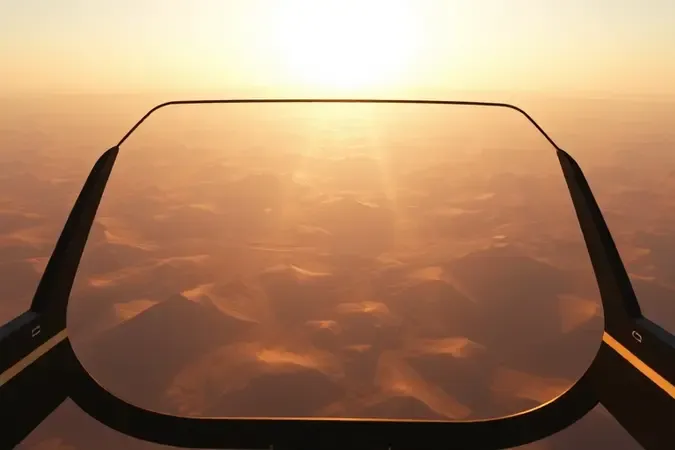 Cena conceitual 3D mostrando perspectiva aérea em primeira pessoa através de moldura de visor limpa, com paisagem abstrata iluminada por luz dourada suave.