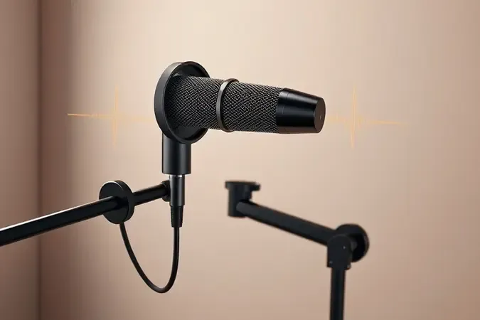 Microfone condensador profissional com filtro pop montado em braço articulado em estúdio moderno conceitual para transmissões ao vivo
