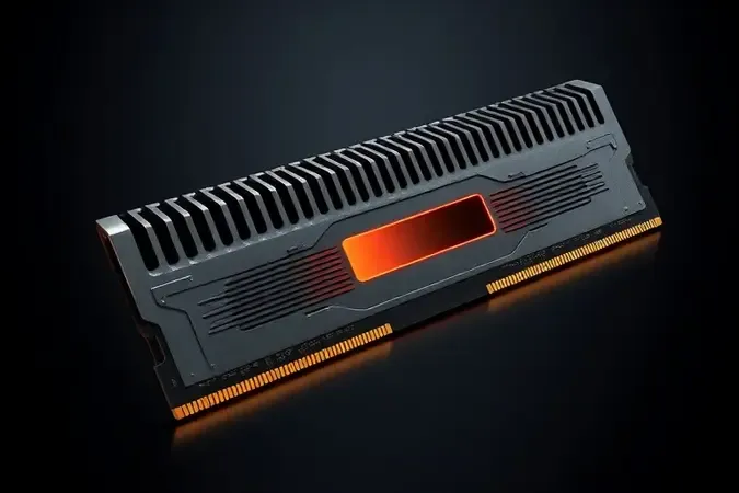 Close-up render 3D de dissipador de calor em módulo RAM DDR4 com aletas metálicas e brilho térmico sutil destacando refrigeração.