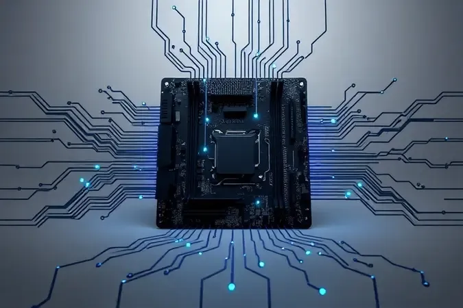 Renderização 3D mostrando placa-mãe como centro de conexão do computador com fluxos de dados abstratos em tons de azul.