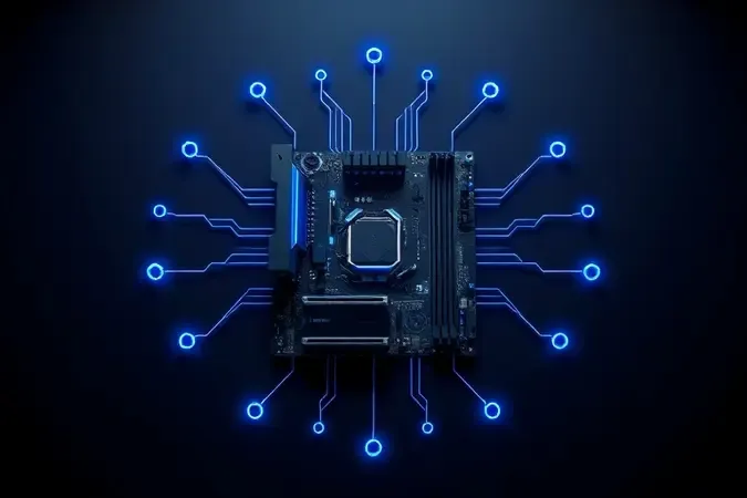Renderização 3D conceitual de placa-mãe como componente central de um PC gamer moderno com design abstrato