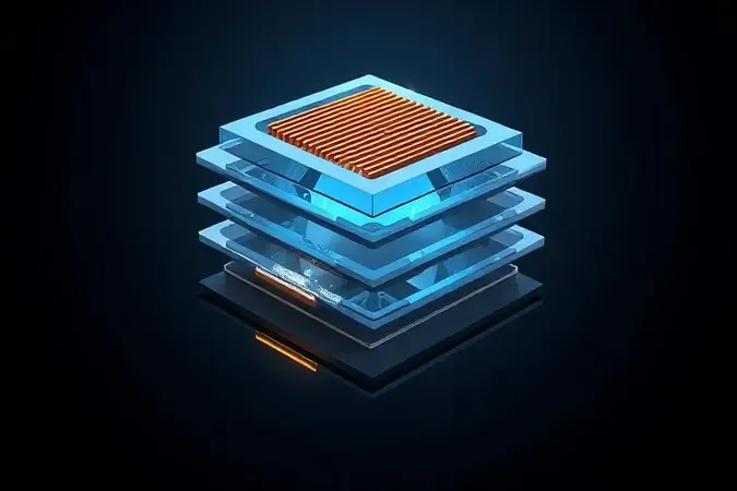 Representação conceitual 3D de placa de vídeo com estruturas geométricas abstratas e iluminação profissional.