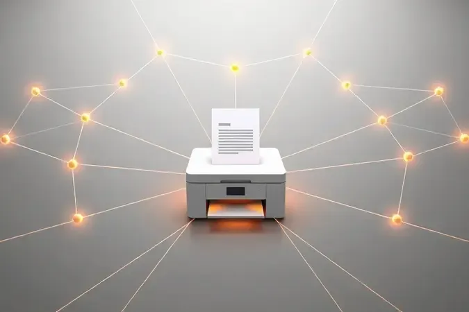 Render 3D conceitual de rede de escritório com nós conectados representando impressão compartilhada entre equipe.