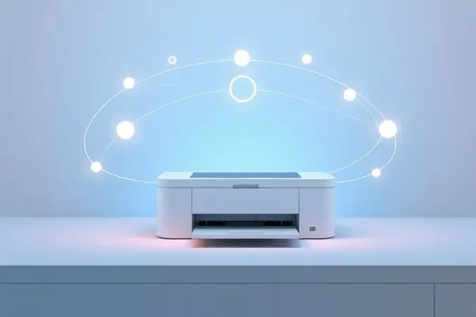 Render 3D conceitual de impressora com elementos de conectividade sem fio e compartilhamento em rede, em ambiente limpo com iluminação azul suave.