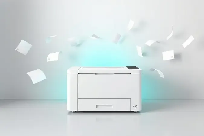 Render 3D conceitual de impressora a laser com trilhas de movimento simbolizando rapidez e eficiência em composição limpa com tons verdes.
